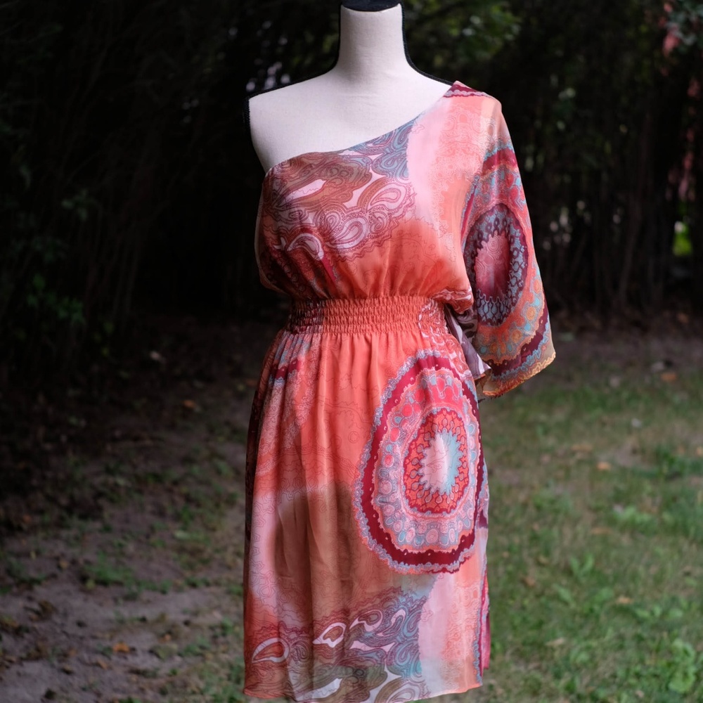 Orange/ Peach One Shoulder Boho Print Dress